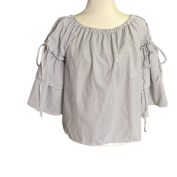 MAIN STRIP Off Shoulder Ruffle Sleeve Dark Gray White Stripe Top Size Large - Picture 1 of 5